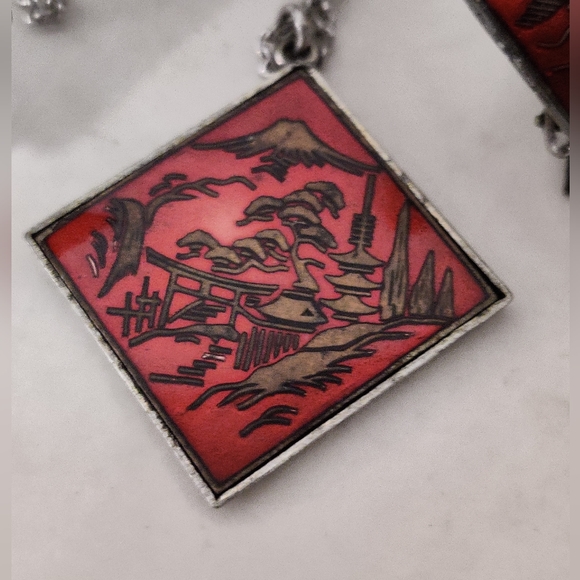 Vintage Japan Enamel Damascene Style Necklace and Earrings Set - Picture 5 of 15